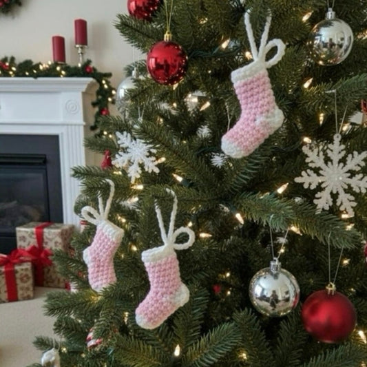 Handmade Crochet Tiny Pink Stocking Socks Christmas Tree Ornament Lot Of 3